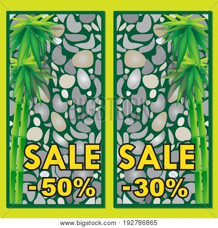 Vector illustration. Summer sale template with bamboo and beach shingle. Sale sticker