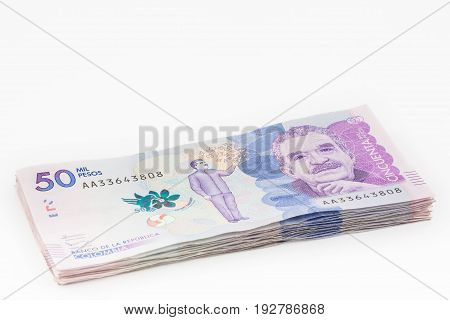 Wad of Fifty Thousand Colombian Pesos Bills Issued on 2018