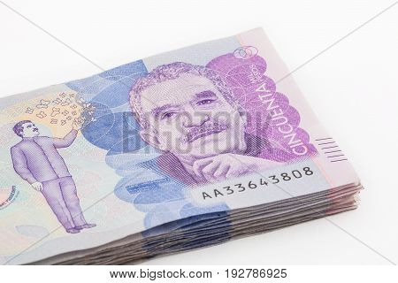 Wad of Fifty Thousand Colombian Pesos Bills Issued on 2018