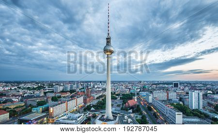 Berlin Skyline Panorama With Famous Tv Tower At Alexanderplatz At Night, Germany
