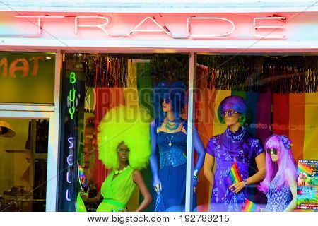 June 22, 2017 in San Diego, CA:  Buy, Sell, and Trade Thrift Stores taken on 5th Avenue in Hillcrest, CA where people can buy, trade, and sell colorful clothing and wigs taken in a bohemian neighborhood