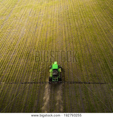 A blue tractor moves through the spring field and sprays fertilizers on plants planted on it. Spring processing of agricultural crops. View from above. Aerial view