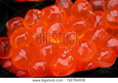 Japanese Ikura sushi or salmon egg sushi.