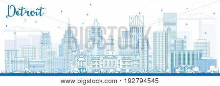 Outline Detroit Skyline with Blue Buildings. Business Travel and Tourism Concept with Modern Architecture. Image for Presentation Banner Placard and Web Site.