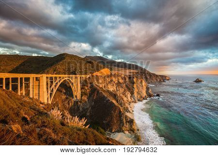 Bixby Bridge Along Highway 1 At Sunset, Big Sur, California, Usa