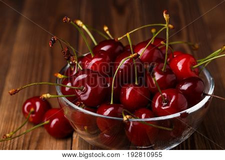 Bowl with fresh red Cherries. Healthy food concept