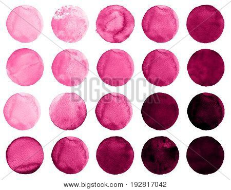 Set of colorful watercolor hand painted circle isolated on white. Watercolor Illustration for artistic design. Round stains blobs of rose carmine red burgundy color