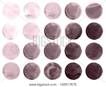 Set of colorful watercolor hand painted circle isolated on white. Watercolor Illustration for artistic design. Round stains blobs of brown coffee garnet raw umber cinereous chamoisee color