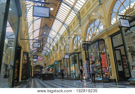 MELBOURNE AUSTRALIA - JUNE 14, 2017: Unidentified people shop at Royal Arcade. Royal Arcade is a heritage shopping arcade in Melbourne, originally constructed in 1870