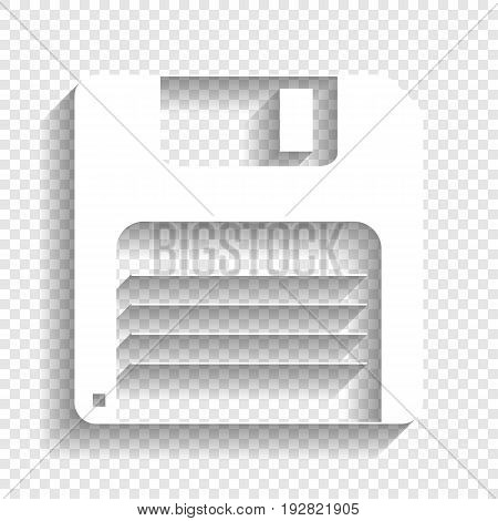 Floppy disk sign. Vector. White icon with soft shadow on transparent background.
