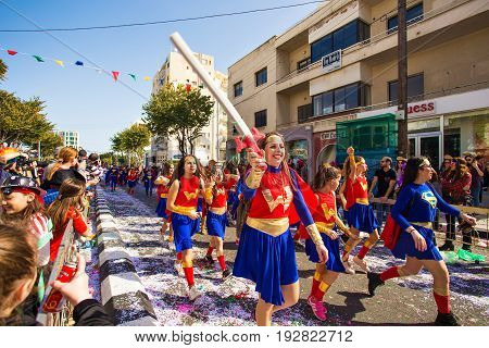 LIMASSOL, CYPRUS - FEBRUARY 26: Carnival participants on Cyprus Carnival Parade on February 26, 2017 in Limassol.