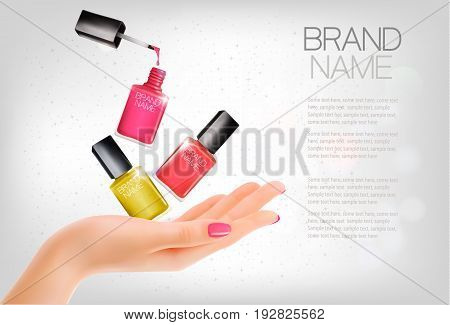 Manicured hands and several nail laquer bottles. Vector illustration
