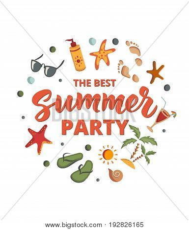 Summer Party text with beach elements isolated on white. Sunscreen, sunglasses, cocktail, starfish, flip flops, palm. Letters in sand. Beach holidays fun design concept. Great for beach party posters.