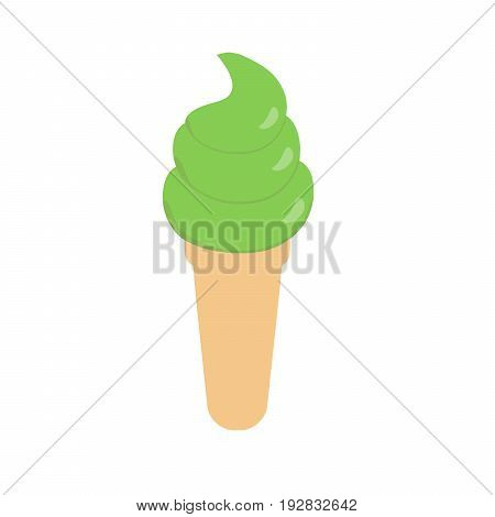 Green tea matcha ice cream in cone on white background