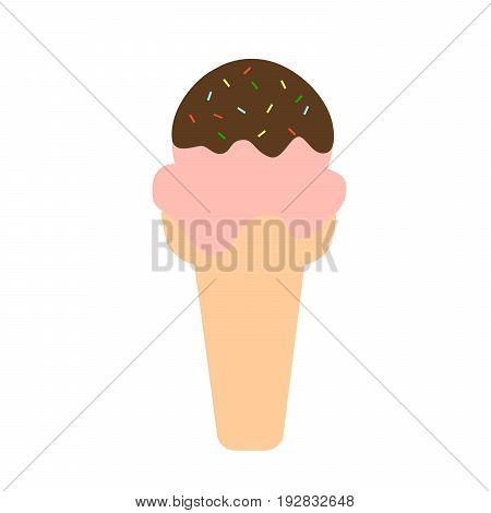 Melting strawberry ice cream in cone with chocolate topping and candy on top vector illustration