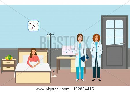 Medical doctor and nurse with a female patient. Medicine workers standing near sick woman in hospital ward. Medicine care concept. Detailed medic characters in clinic interior. Vector illustration.