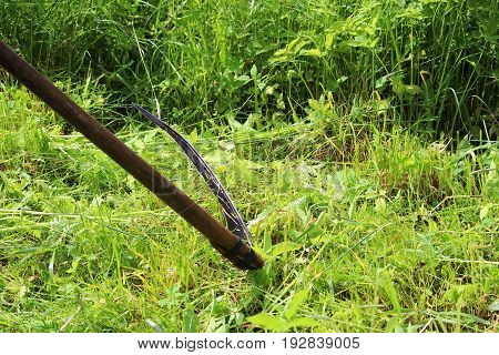 The worker mows the grass with a scythe. Russia