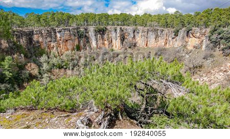 Panorama of round deep wolf torca in palancares, Cuenca
