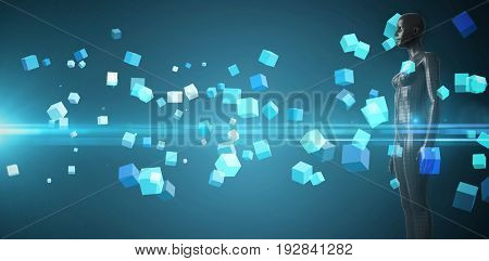 Full length of digital black 3d woman against futuristic screen with quaders
