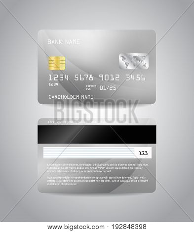 Realistic detailed credit cards set with colorful silver abstract design background. Silver card. Front and back side template. Money, payment symbol. Vector illustration EPS10