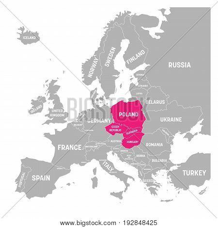 Visegrad Four map states highlighted by pink in map of Europe. White country name labels and isolated on white background. Vector illustration.