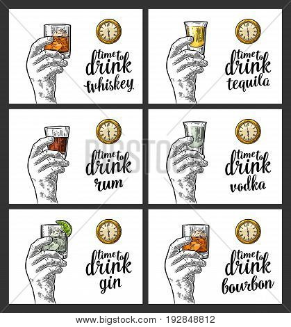 Male hand holding a glasses with alcohol drinks and antique pocket watch. Vintage vector engraving illustration for poster, invitation to party. Time to Drink lettering. Isolated on white background.