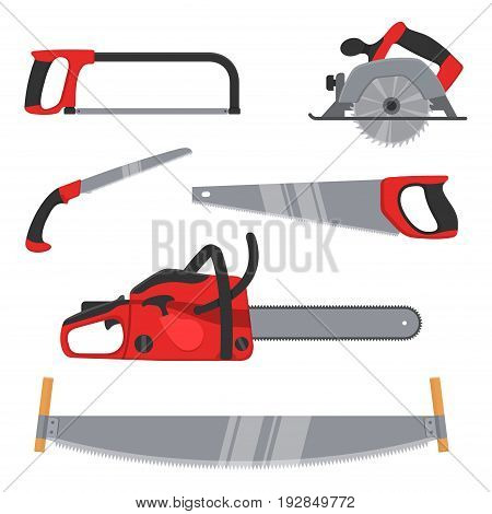 Lumberjack and woodworking tools icons isolated on white background. Axeman instruments saw set. Carpentry tools for sawing wood products. Timber industry vector illustration.