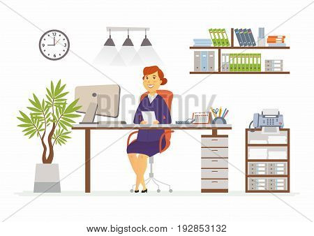 Office Woman - vector flat illustration of an employer, colleague, employee. A female worker cartoon character, desk, work station. Clock, cabinet, plant, book, shelf, lights, computer, fax