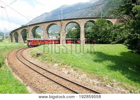 Bernina Express Train At Brusio On The Swiss Alps