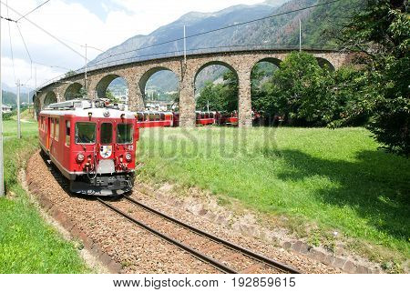 Bernina Express Train At Brusio On The Swiss Alps