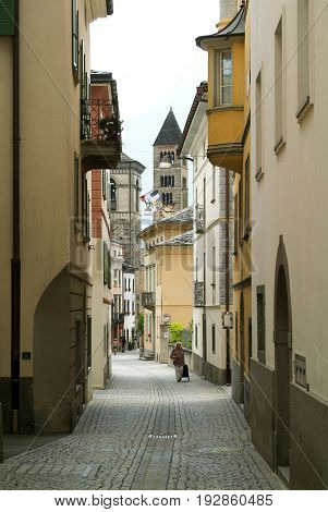 Narrow Street Of Poschiavo On The Swiss Alps
