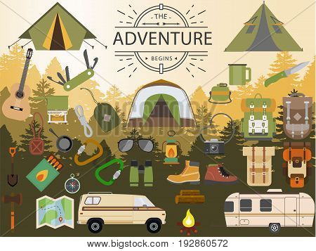 Camping isolated elements equipment set with diffirent objects