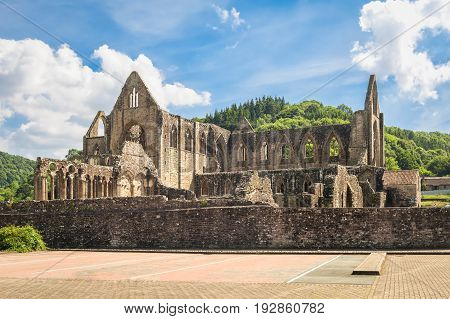 View of ruins of cistercian monastery Tintern in Wales on a sunny day.