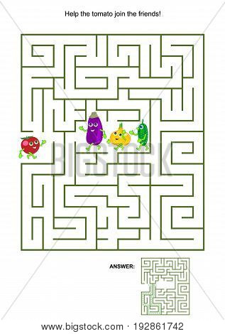 Maze game with cute vegetable characters: Help the tomato join the friends. Answers included.