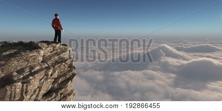 Hiker standing on top of a mountain. This is a 3d render illustration.