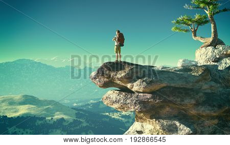 Man standing on a rock over clouds admiring the view. This is a 3d render illustration