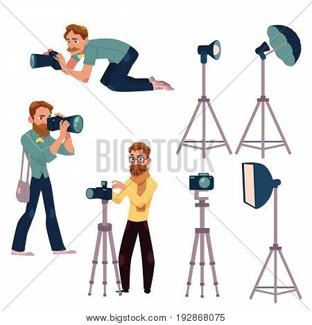 Set of photographers at work and professional equipment - camera, flash, light, reflector, tripod, cartoon vector illustration on white background. Professional photographers and photo equipment