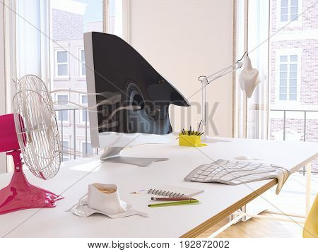 3d rendering. heatwave in the office with melting objects.