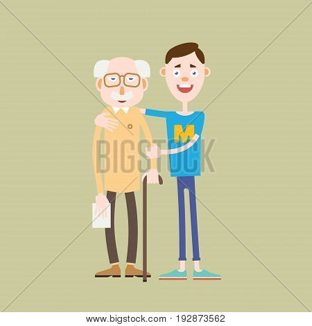 A young boy helps an old man with a cane hugging him and supporting him by the hand