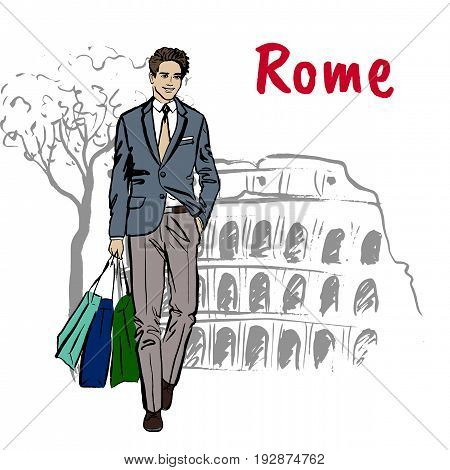Fashion sketch of beautiful man with shopping bags in Rome