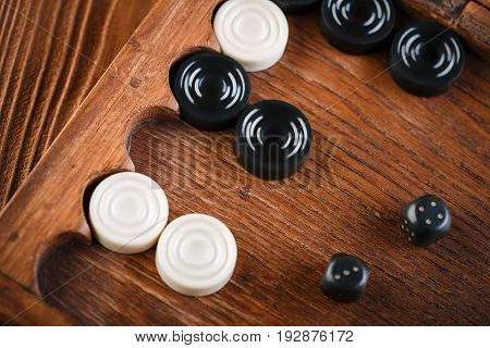 Backgammon. Game Field In A Backgammon With Cubes And Counters. Game Concept. Board Game. Hobby. Dic