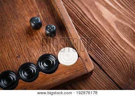 Backgammon. Game Field In A Backgammon With Cubes And Counters. Game Concept. Board Game. Hobby. Dic