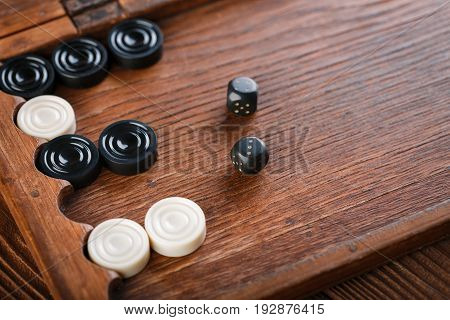 Backgammon. Game Field In A Backgammon With Cubes And Counters. Game Concept. Board Game. Hobby. Dic