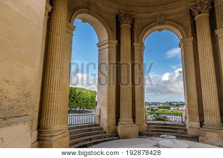 View through main basin monument arcs on Peyrou and Montpellier southern France