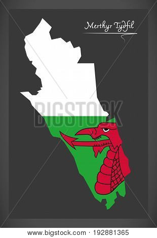 Merthyr Tydfil Wales Map With Welsh National Flag Illustration