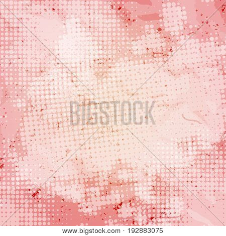 Vector vintage vivid scratched pattern with halftone dotts. Shabby pink background