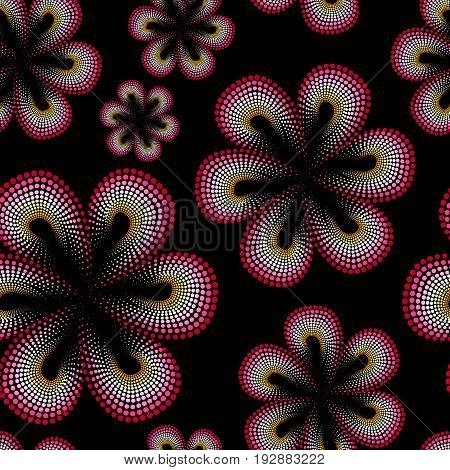 Seamless pattern with red tiare flower. Dots, doted pattern. Monoi flower. Black background