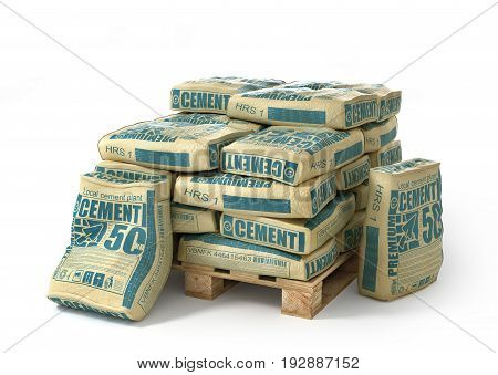 Cement bags stack on wooden pallet. Paper sacks isolated on white background. 3d illustration