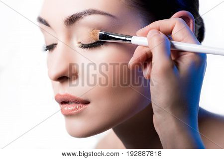 Makeup Artist Using Brush To Apply Eye Shadow On Face Of Woman