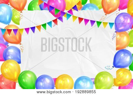 Border of realistic colorful helium balloons flags garlands and white sheet. Party decoration frame for birthday anniversary celebration. Vector illustration